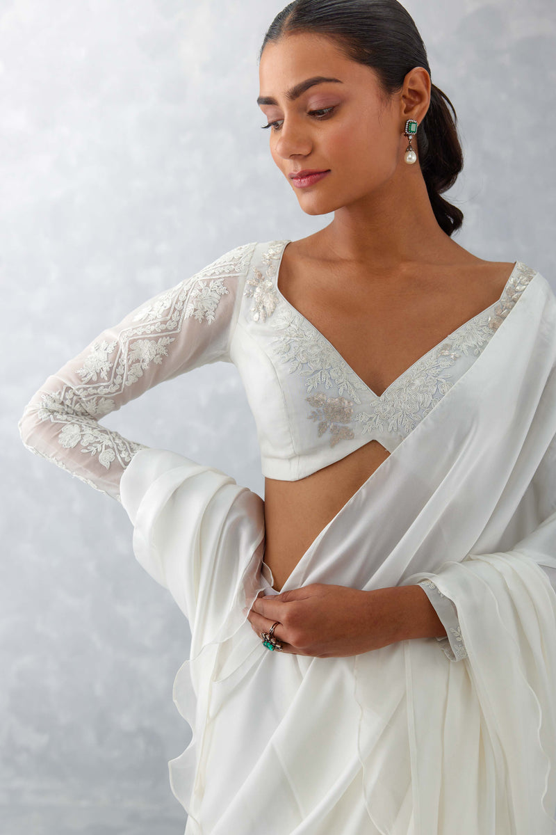 Shraddha Kapoor in Ivory Satin Pre Draped Saree