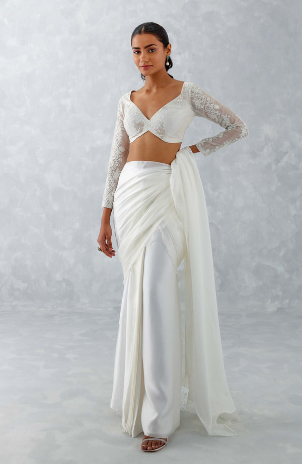 Ivory Satin Pre Draped Saree