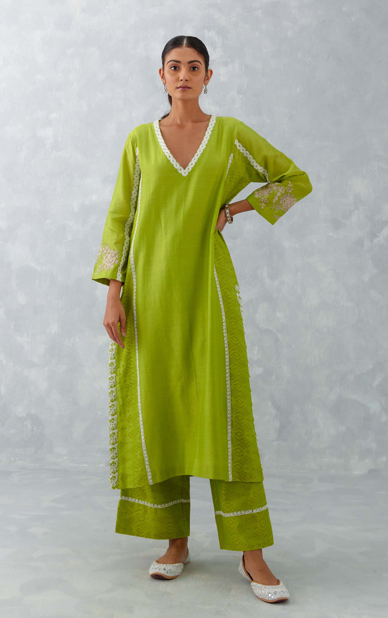 Green Embroidered Chanderi Kurta Set