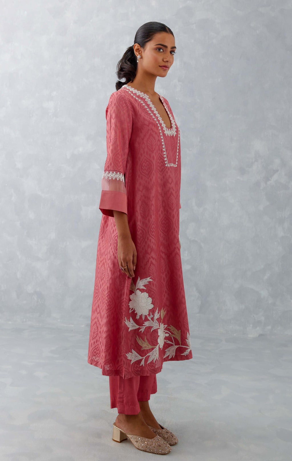 Pink Floral Chanderi Kurta Set with Matching Bottoms & Dupatta – Festive & Semi-Formal Wear