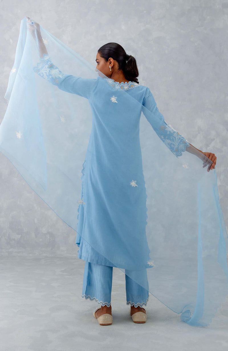 Ice Blue Embroidered Woven Chanderi Kurta Set