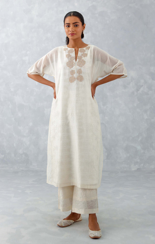 Ivory Embroidered Ikat Print Chanderi Kurta Set (RTS)