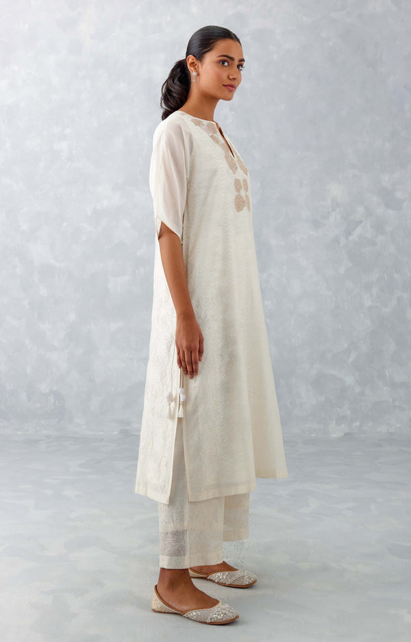 Ivory Embroidered Ikat Print Chanderi Kurta Set (RTS)