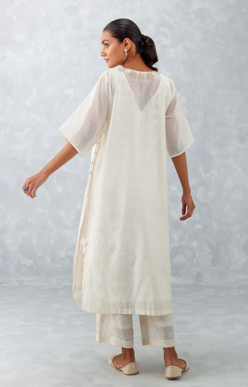 Ivory Embroidered Ikat Print Chanderi Kurta Set