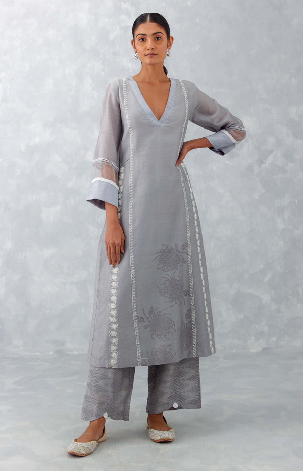 Grey Embroidered Chanderi Kurta Set