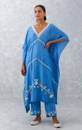 Ice Blue Embroidered Muslin Kaftan Set (RTS)