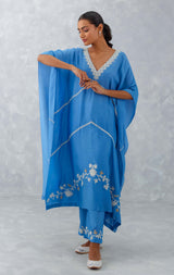 Ice Blue Embroidered Muslin Kaftan Set
