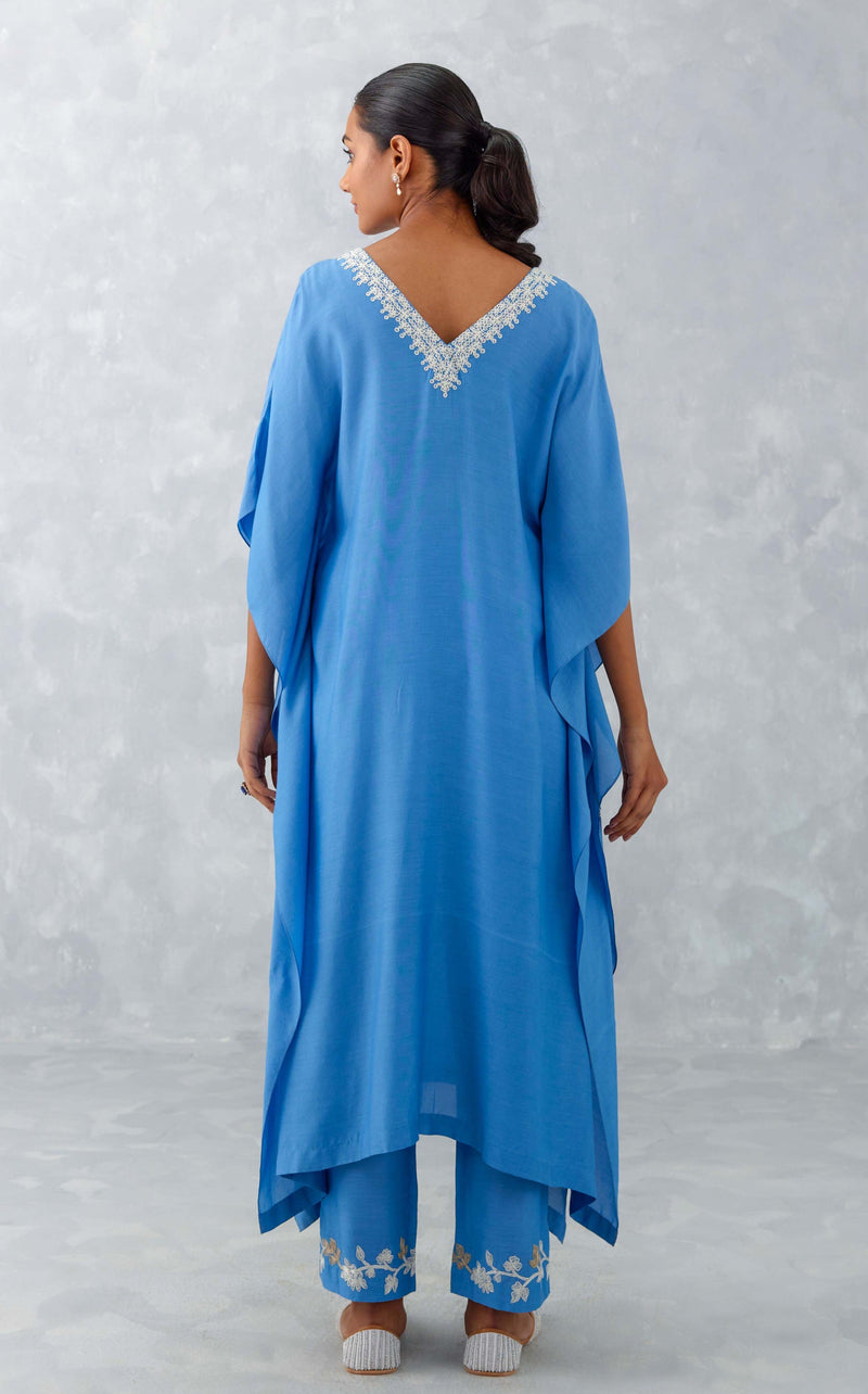 Ice Blue Embroidered Muslin Kaftan Set (RTS)