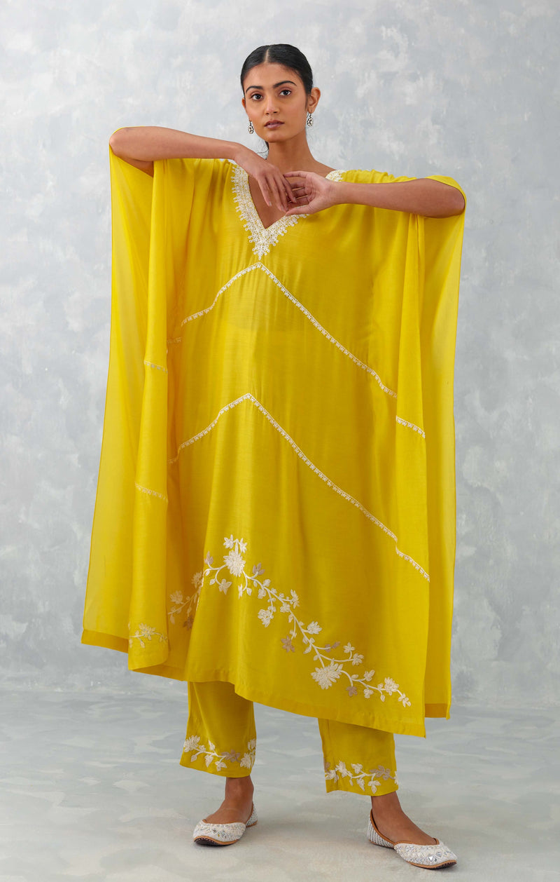 Yellow Embroidered Muslin Kaftan Set