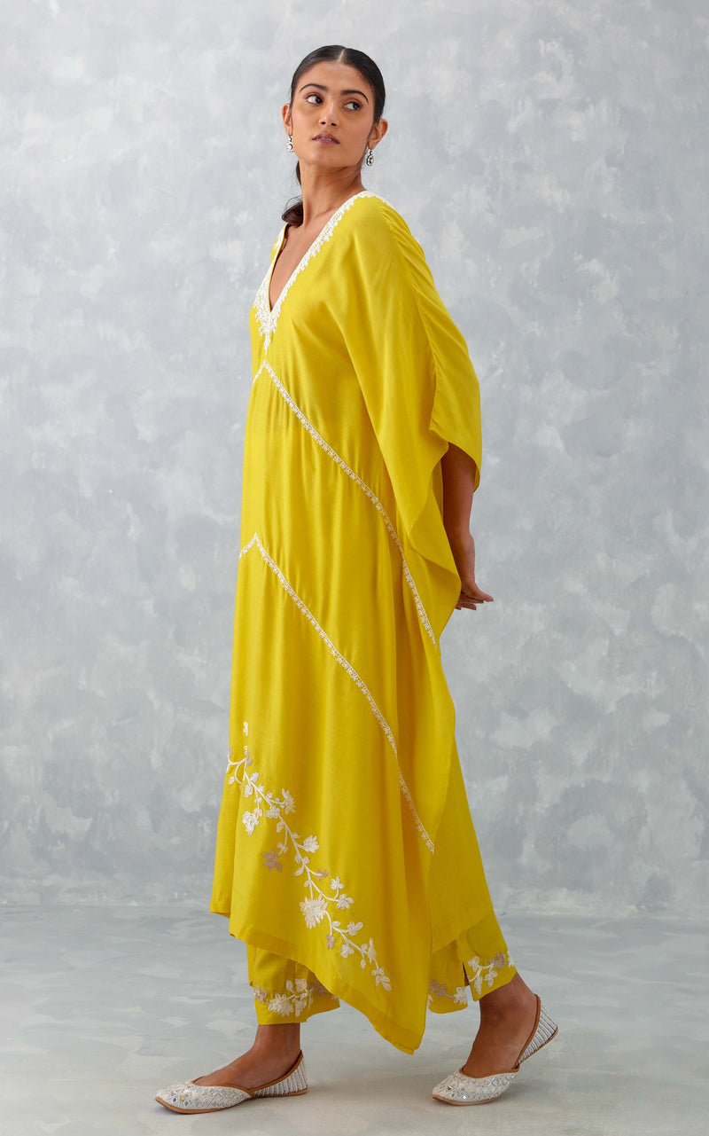 Yellow Embroidered Muslin Kaftan Set