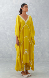 Yellow Embroidered Muslin Kaftan Set