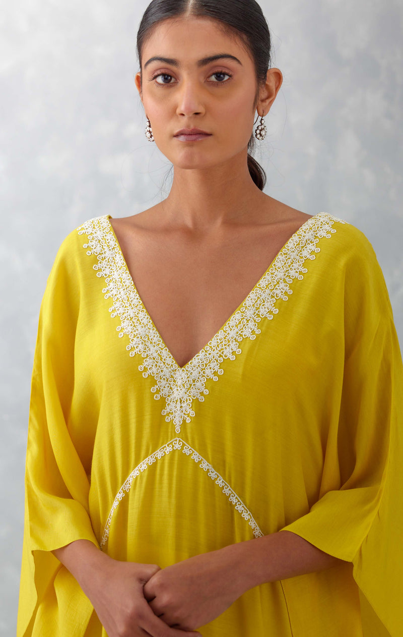 Yellow Embroidered Muslin Kaftan Set