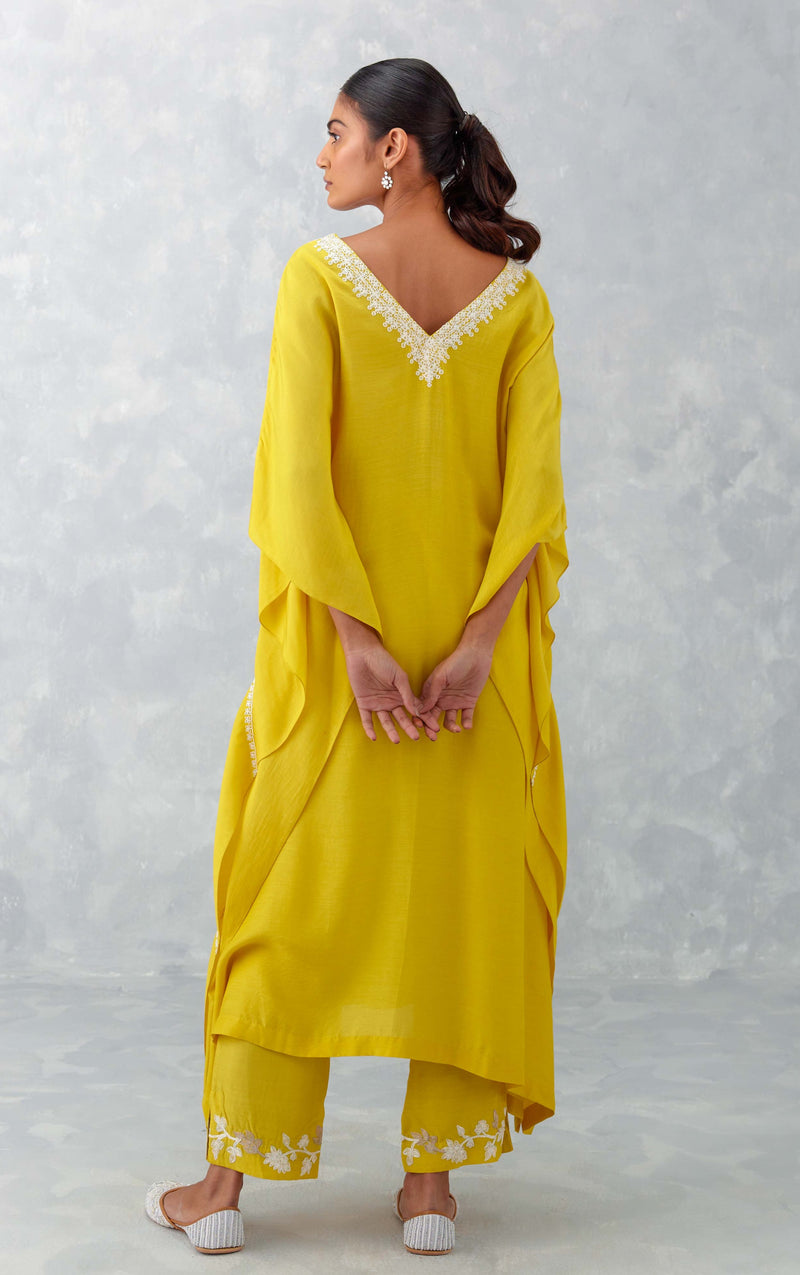 Yellow Embroidered Muslin Kaftan Set