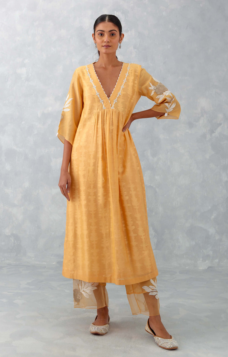 Peach Embroidered Chanderi Kurta Set