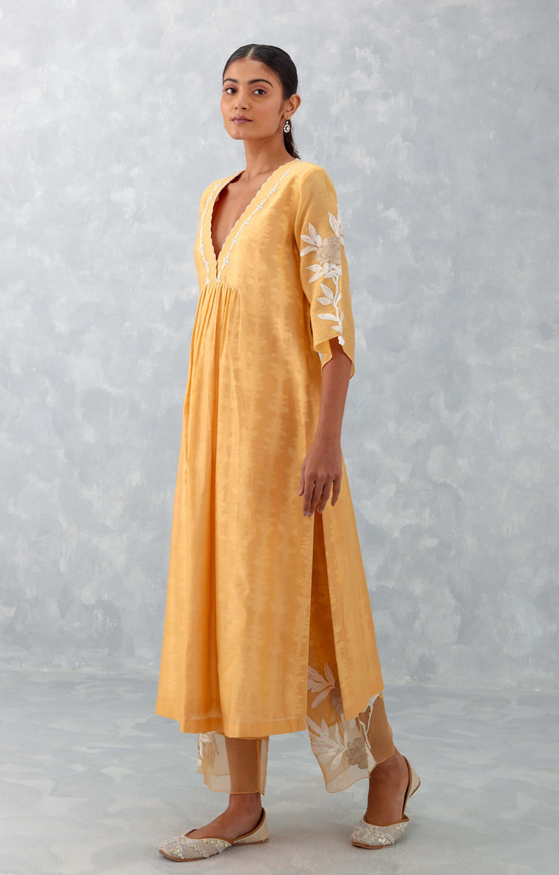 Peach Embroidered Chanderi Kurta Set