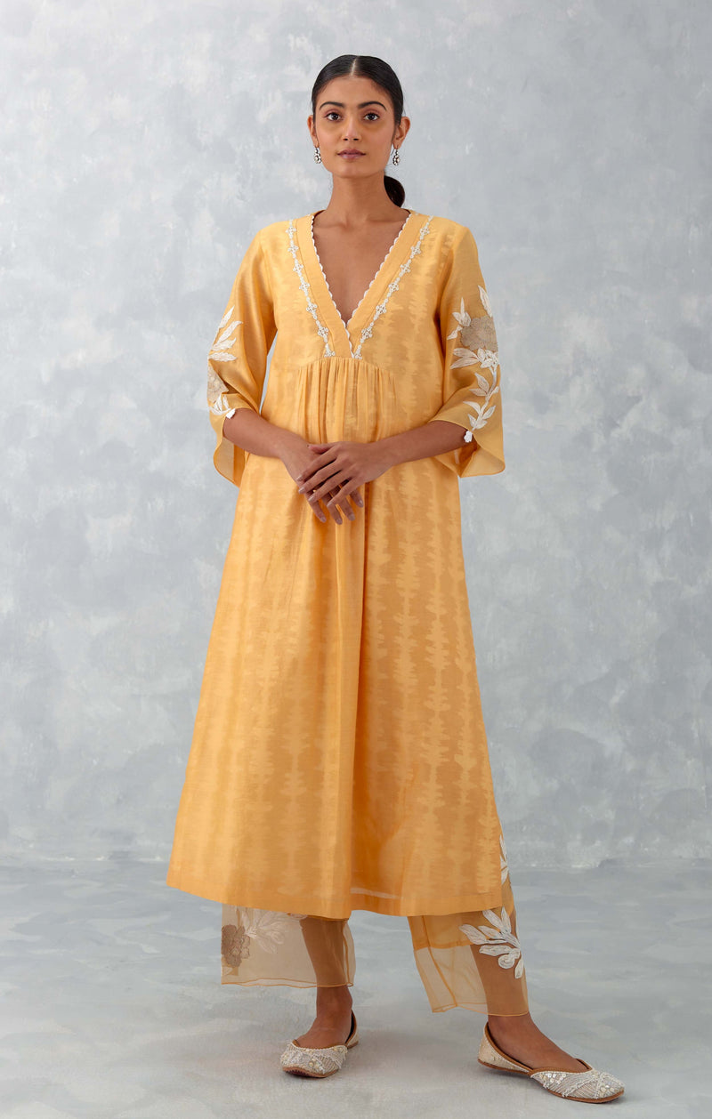 Peach Embroidered Chanderi Kurta Set