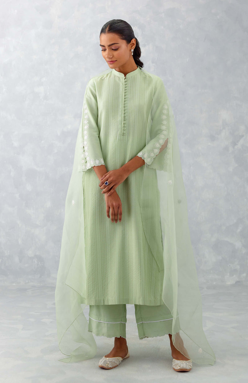 Sea Green Pintuck Embroidered Kurta Set