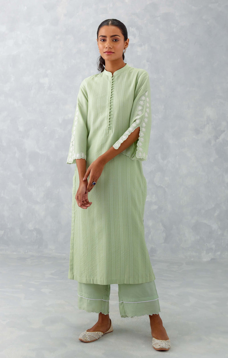 Sea Green Pintuck Embroidered Kurta Set