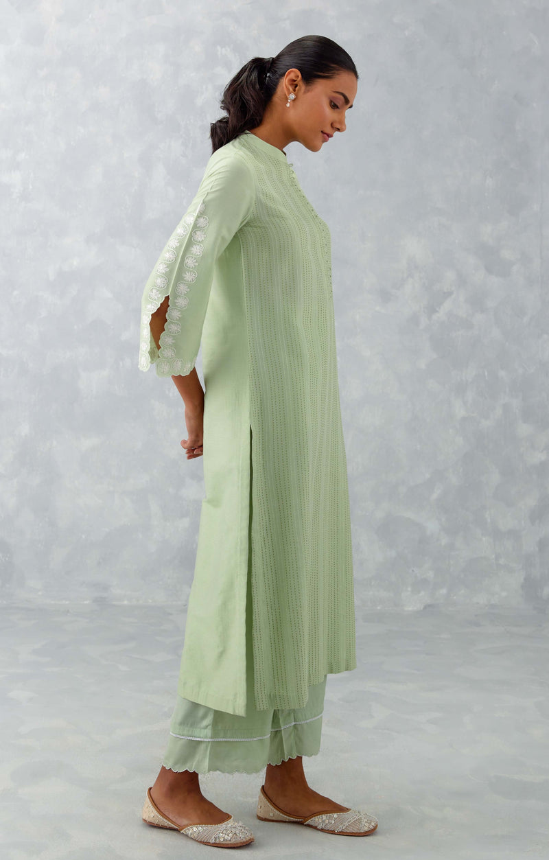 Sea Green Pintuck Embroidered Kurta Set