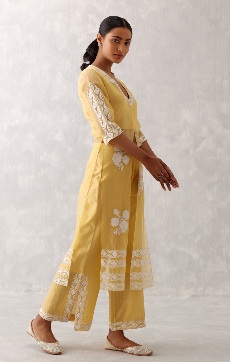 Mango Yellow Slit Silk Organza Kurta Set