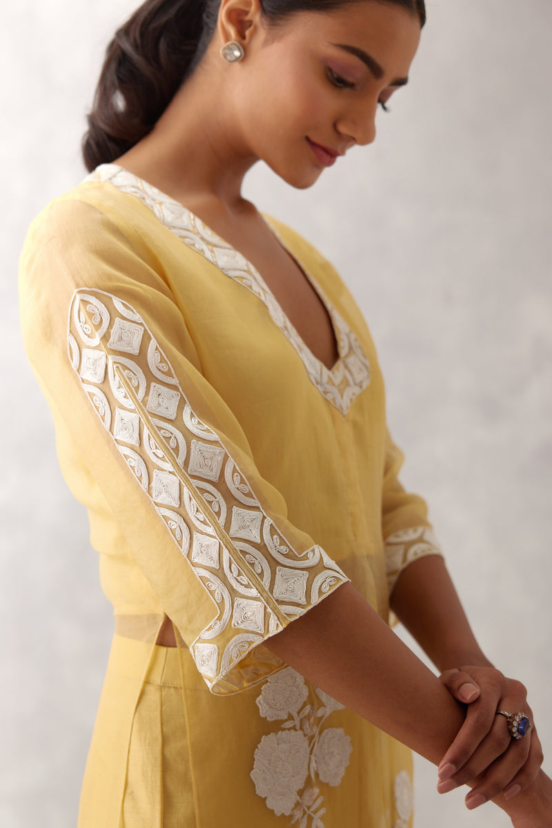 Mango Yellow Slit Silk Organza Kurta Set