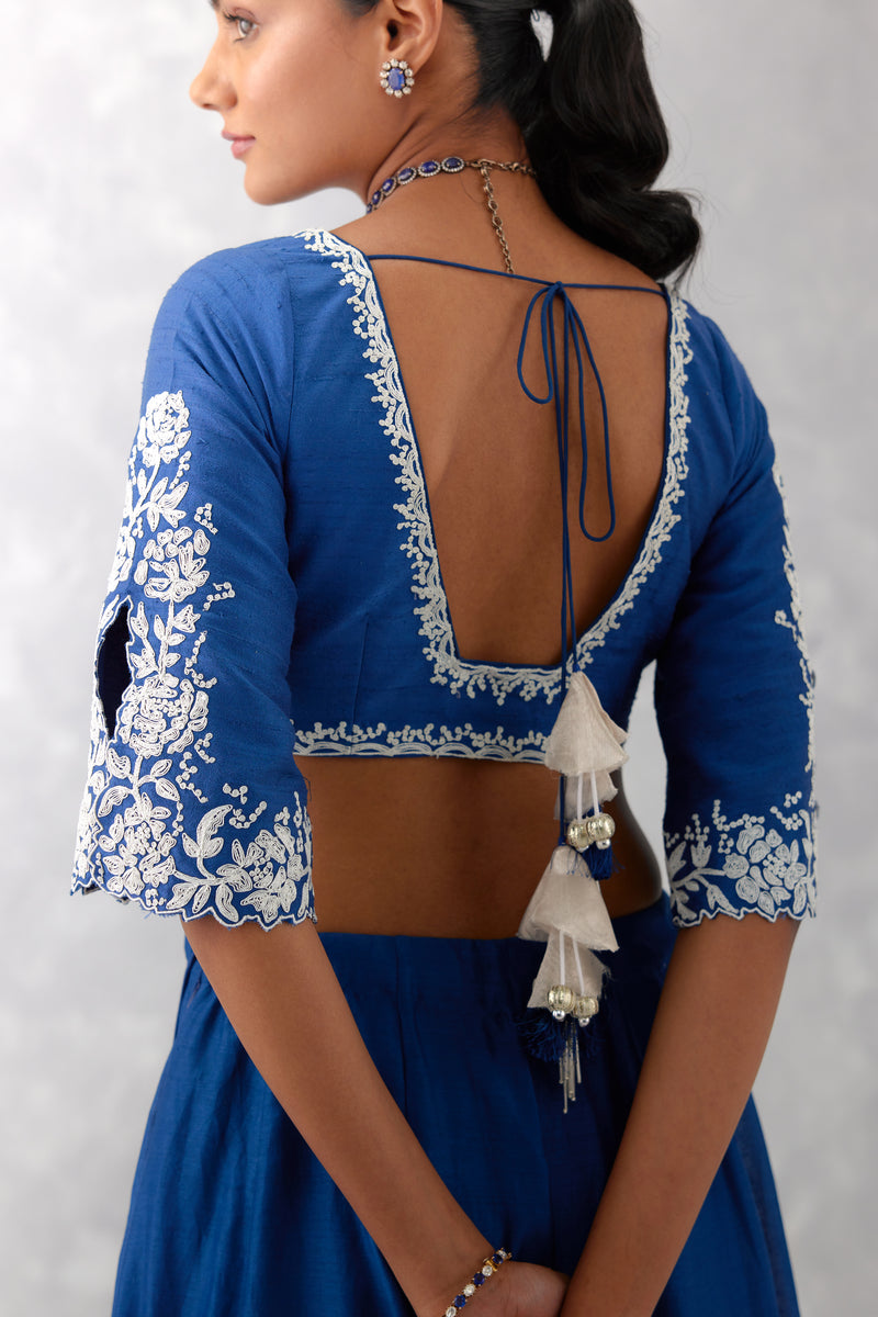 Blue Floral Embroidered Silk Chanderi Lehenga Set