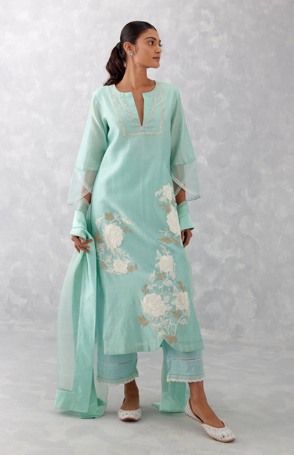 Aqua Blue Embroidered Chanderi Kurta Set (RTS)