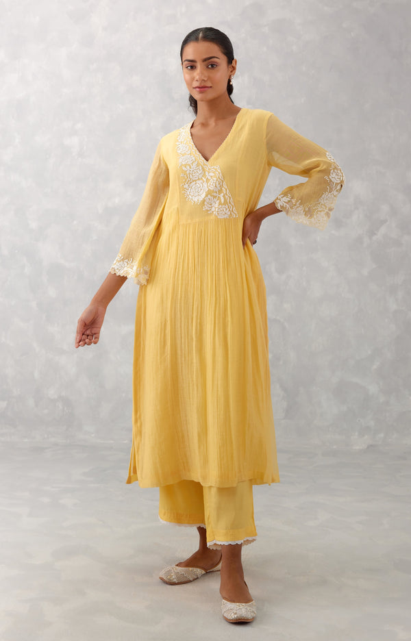 Mango Yellow Embroidered Chanderi Kurta Set