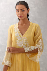 Mango Yellow Embroidered Chanderi Kurta Set