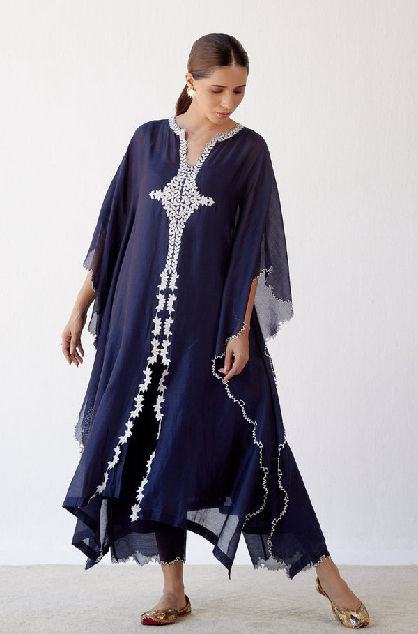 Navy Ivory Chanderi Kaftan Set