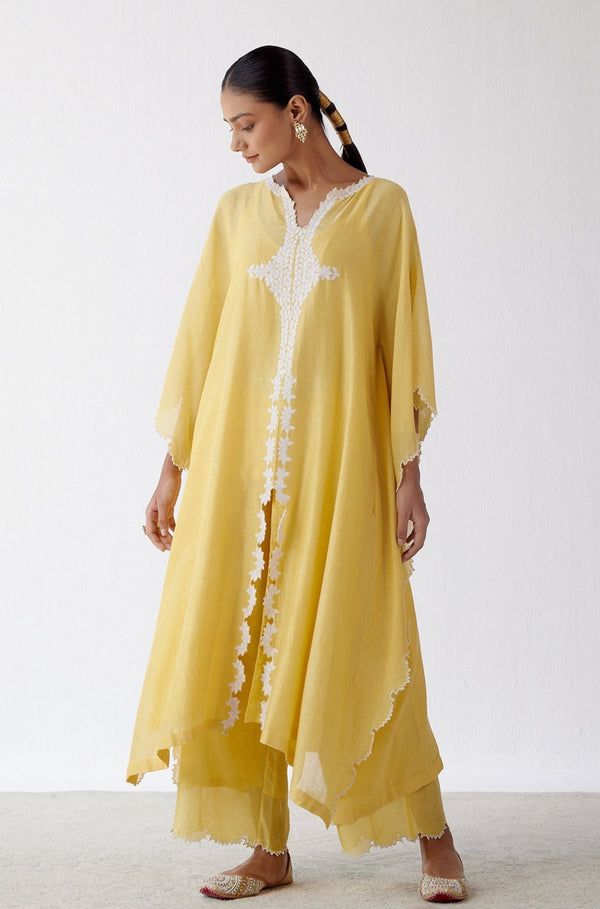 Yellow Ivory Chanderi Kaftan Set