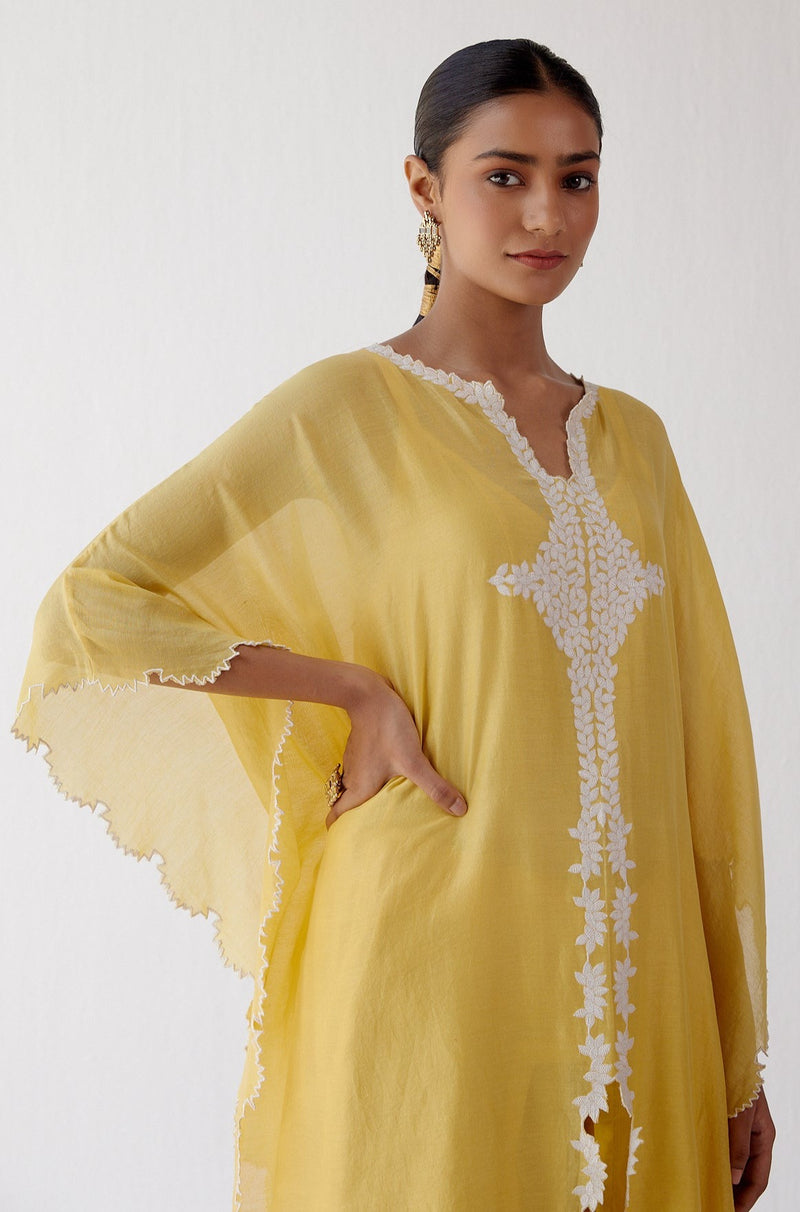 Yellow Ivory Chanderi Kaftan Set