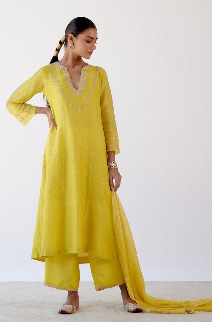 Yellow Block Print Embroidered Kurta Set