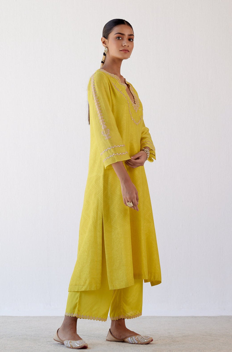 Yellow Block Print Embroidered Kurta Set