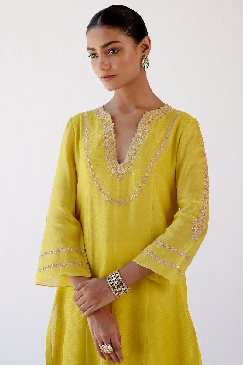 Katrina Kaif in Yellow Block Print Embroidered Kurta Set