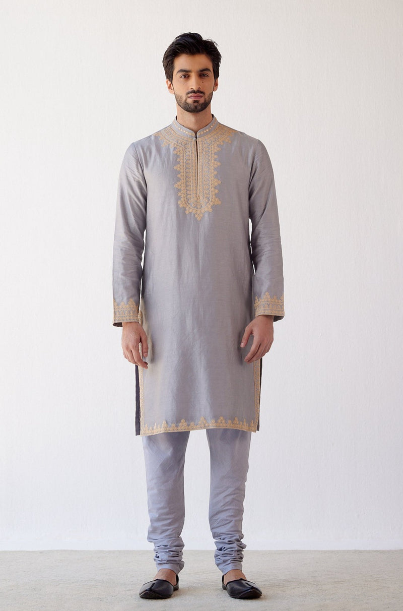 GREY CHANDERI KURTA SET