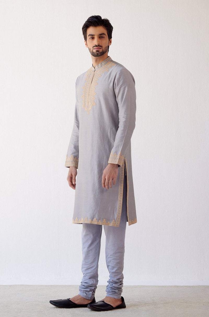 GREY CHANDERI KURTA SET