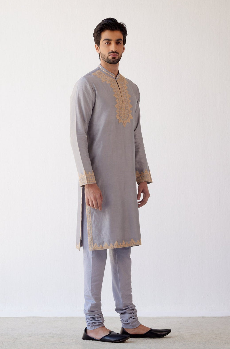 GREY CHANDERI KURTA SET