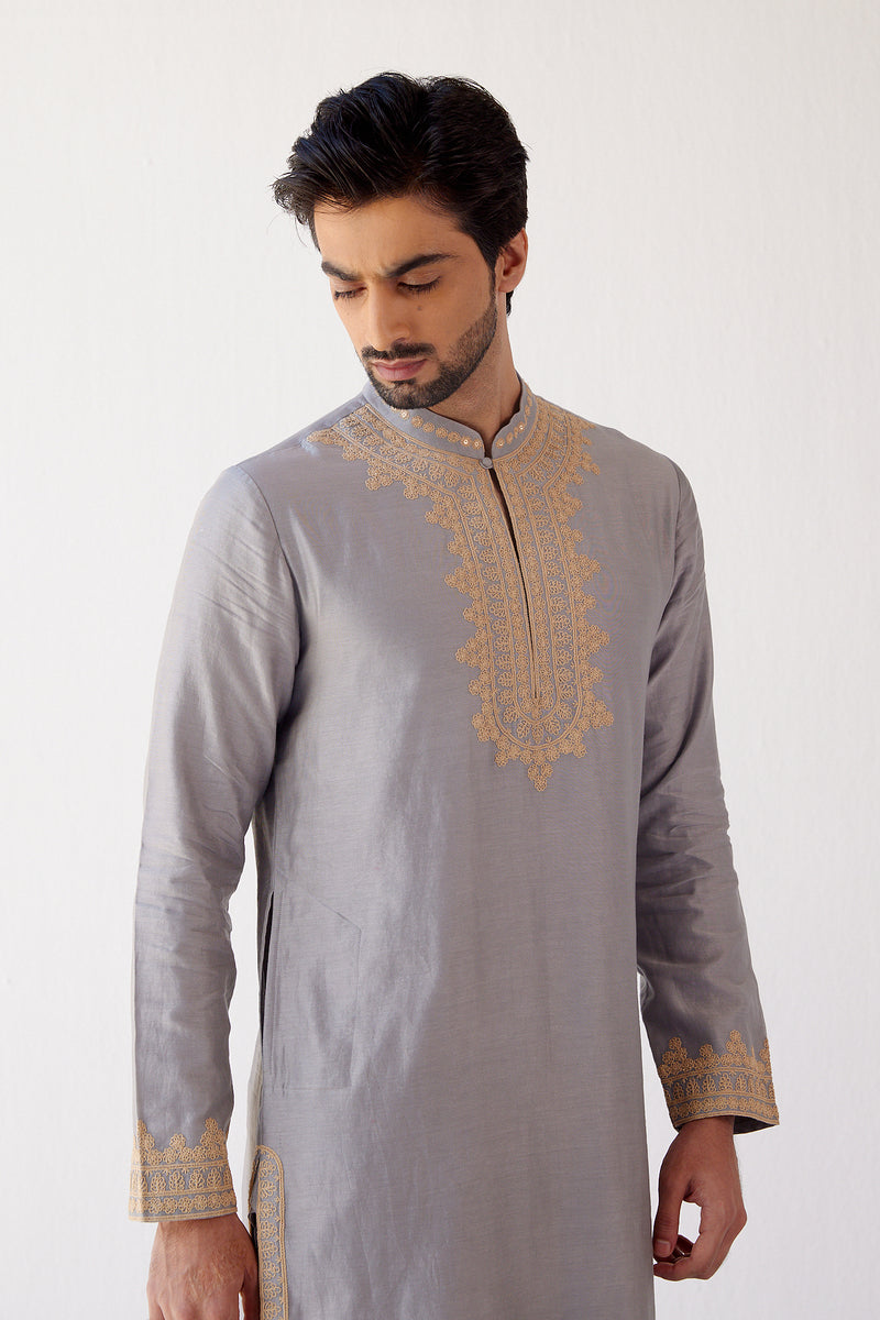 GREY CHANDERI KURTA SET