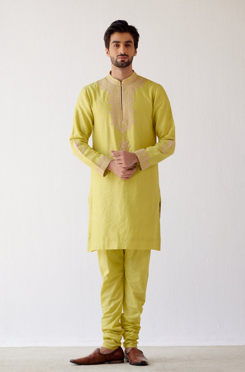 Lime Green Embroidered Chanderi Kurta Set