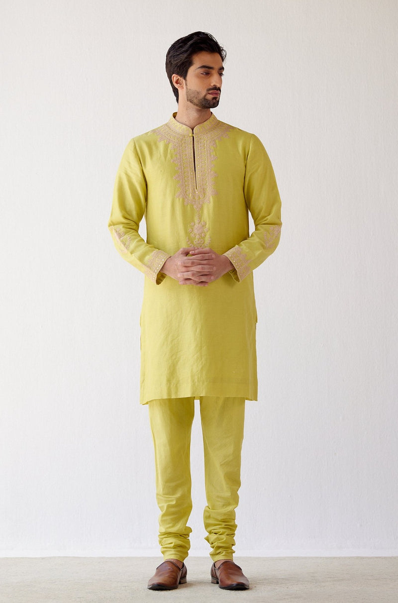 Lime Green Embroidered Chanderi Kurta Set