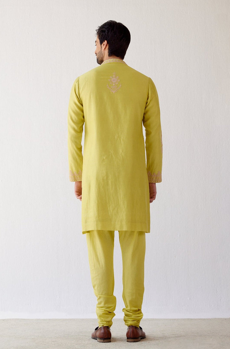 Dev Mohan in Lime Green Embroidered Chanderi Kurta Set