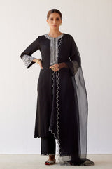 Black Cotton Silk Satin Embroidered Kurta Set