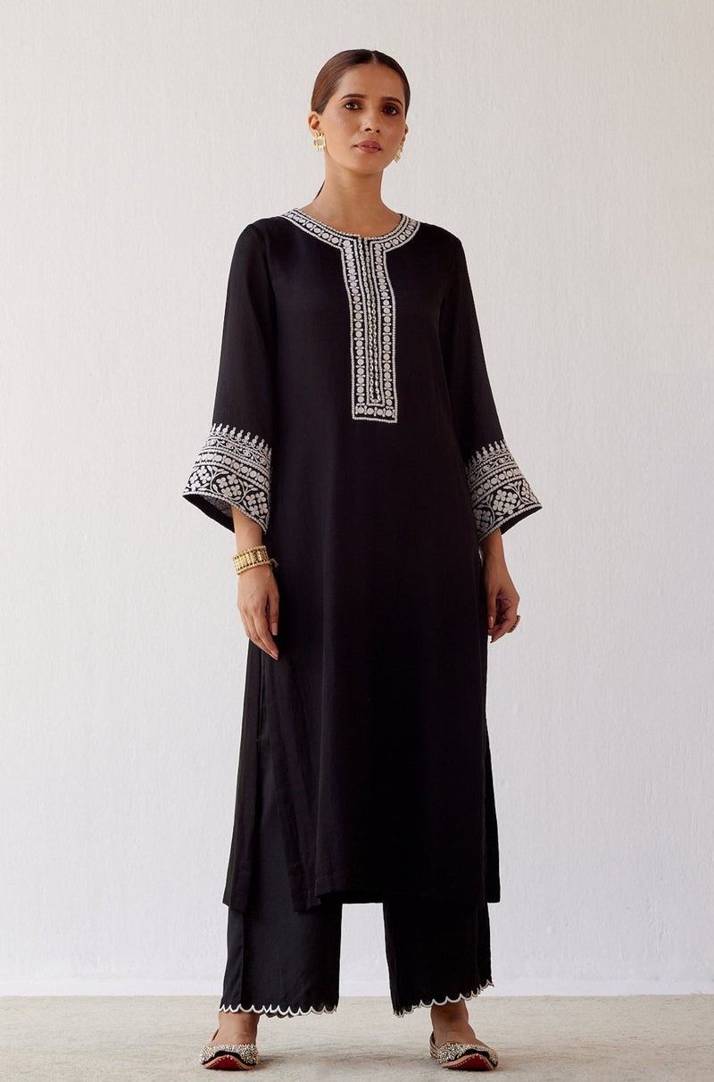 Black Cotton Silk Satin Embroidered Kurta Set