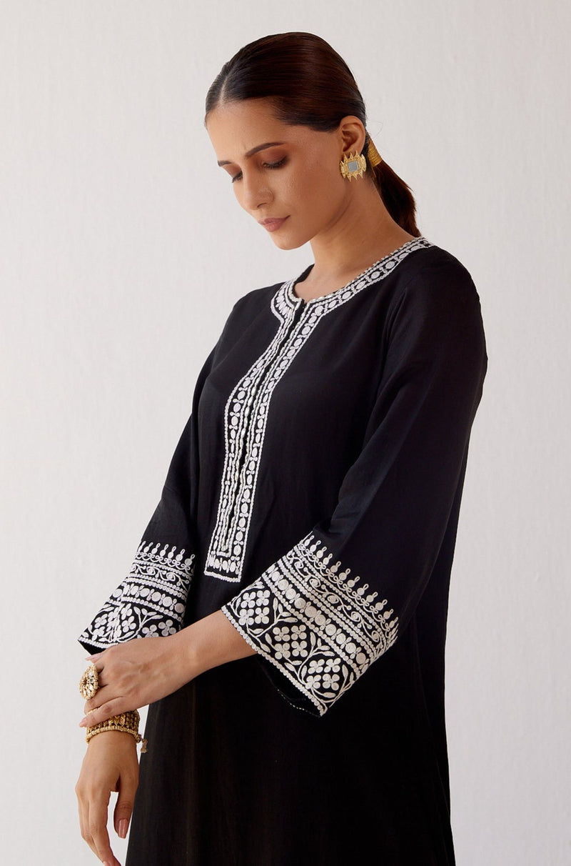 Black Cotton Silk Satin Embroidered Kurta Set