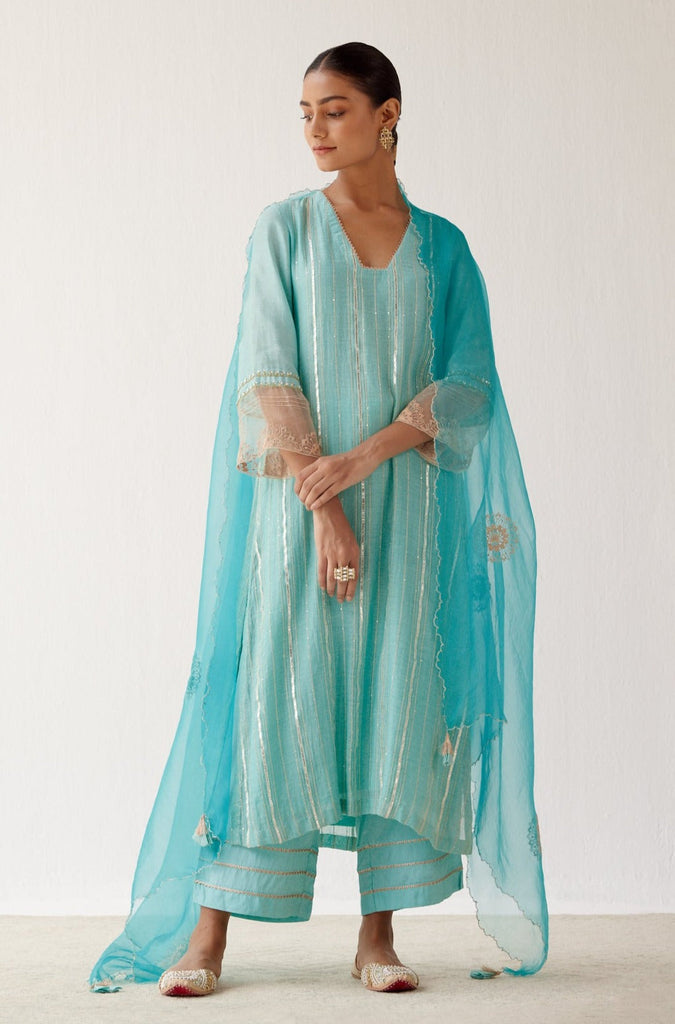 Turquoise Blue Zari Detailed Chanderi Kurta Set