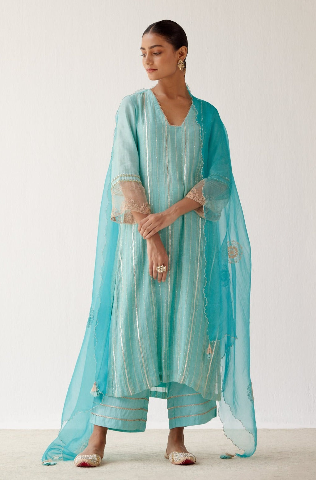 Aqua Blue Zari Detailed Chanderi Kurta Set