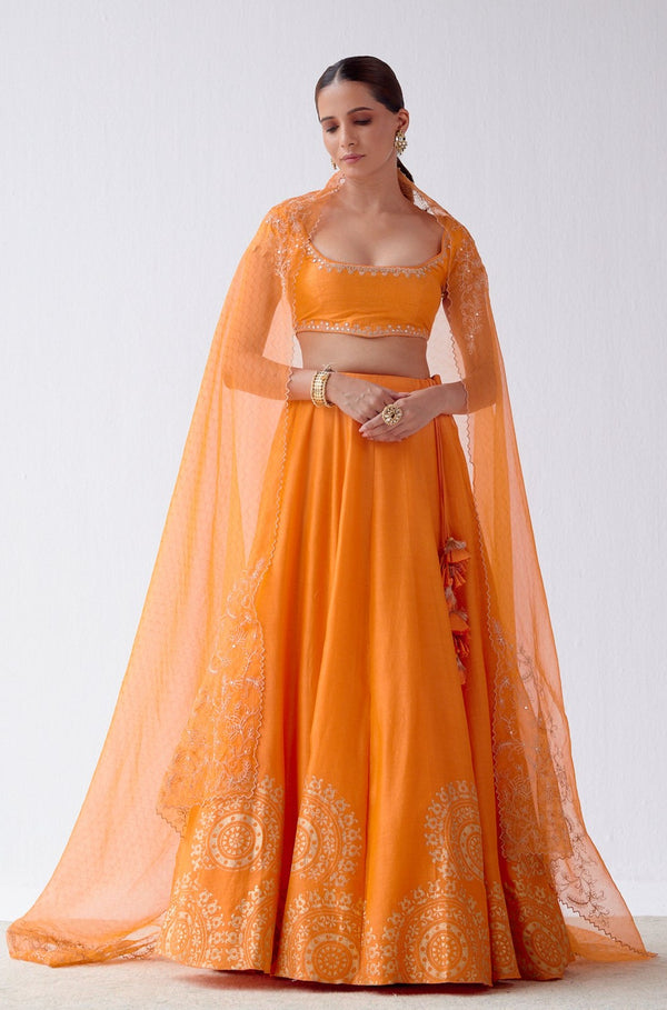 Orange Hand Block Print Lehenga Set