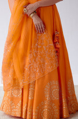 Orange Hand Block Print Lehenga Set