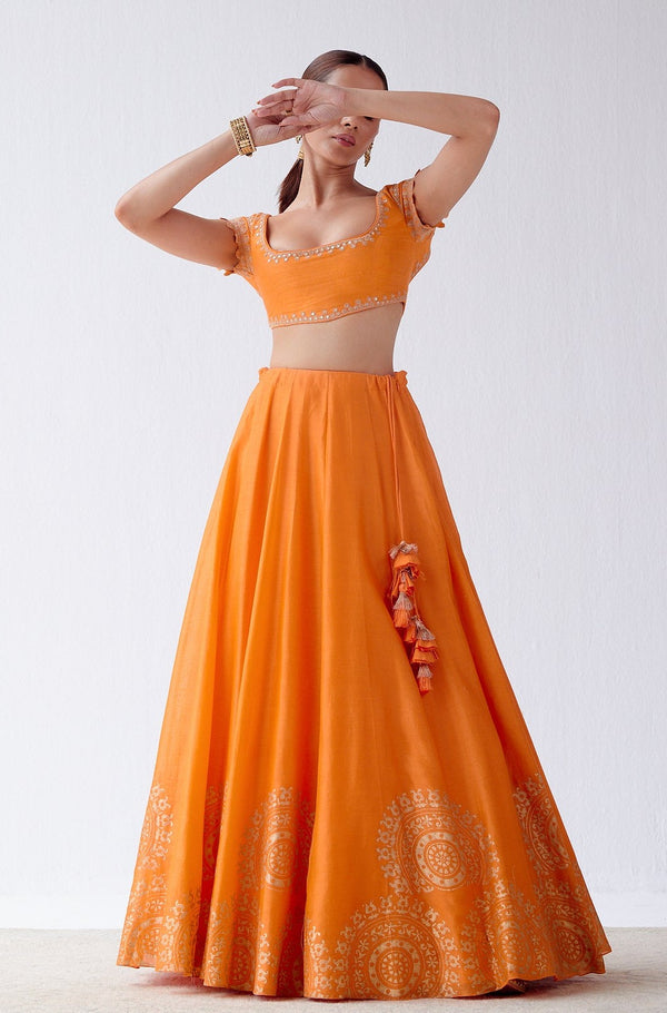 Orange Hand Block Print Lehenga Set